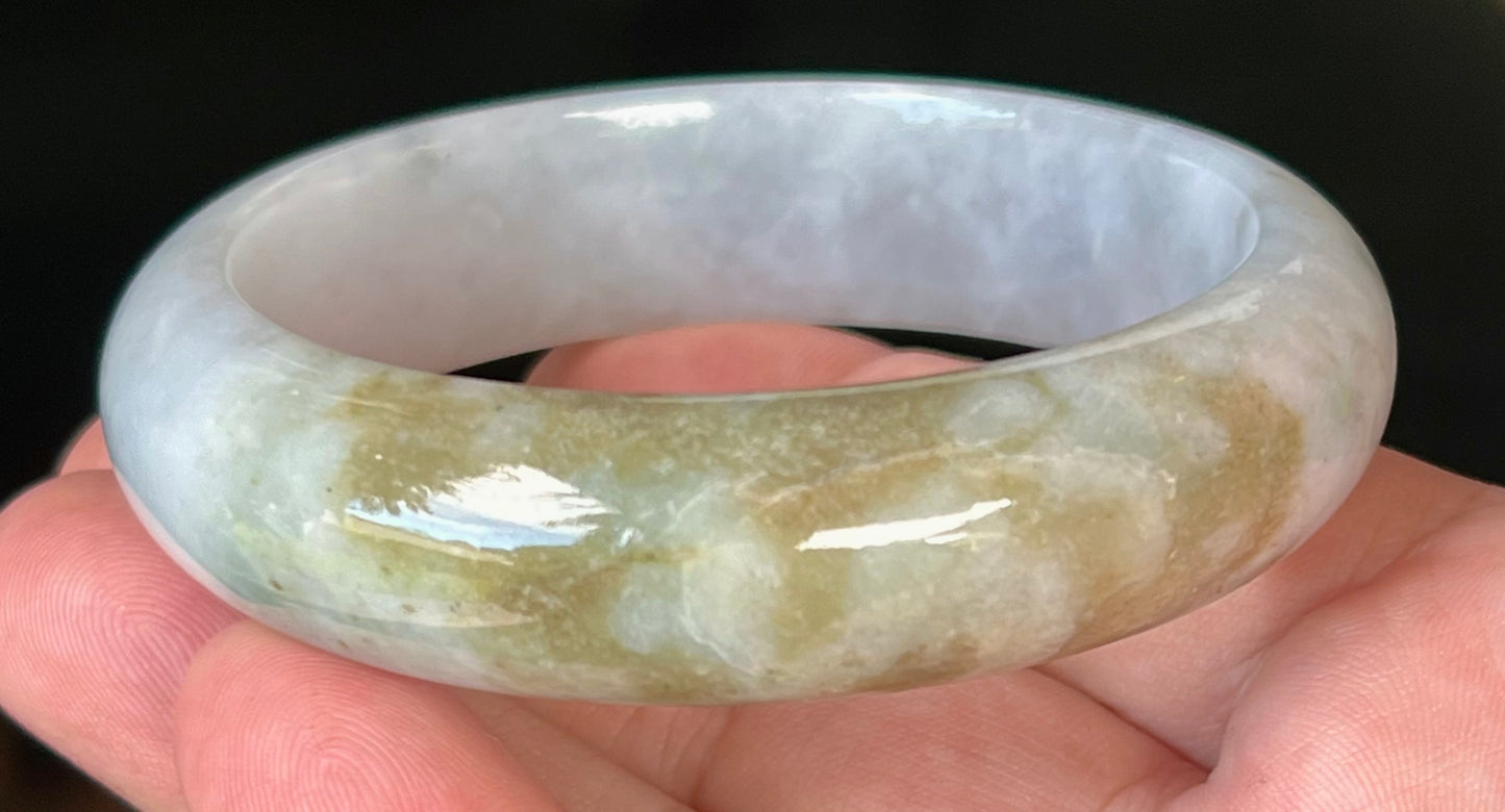 Natural Burmese Jadeite Jade Bangle – Icy Greyish Milky White with Moss Green and Honey Hues – 59mm – JB546
