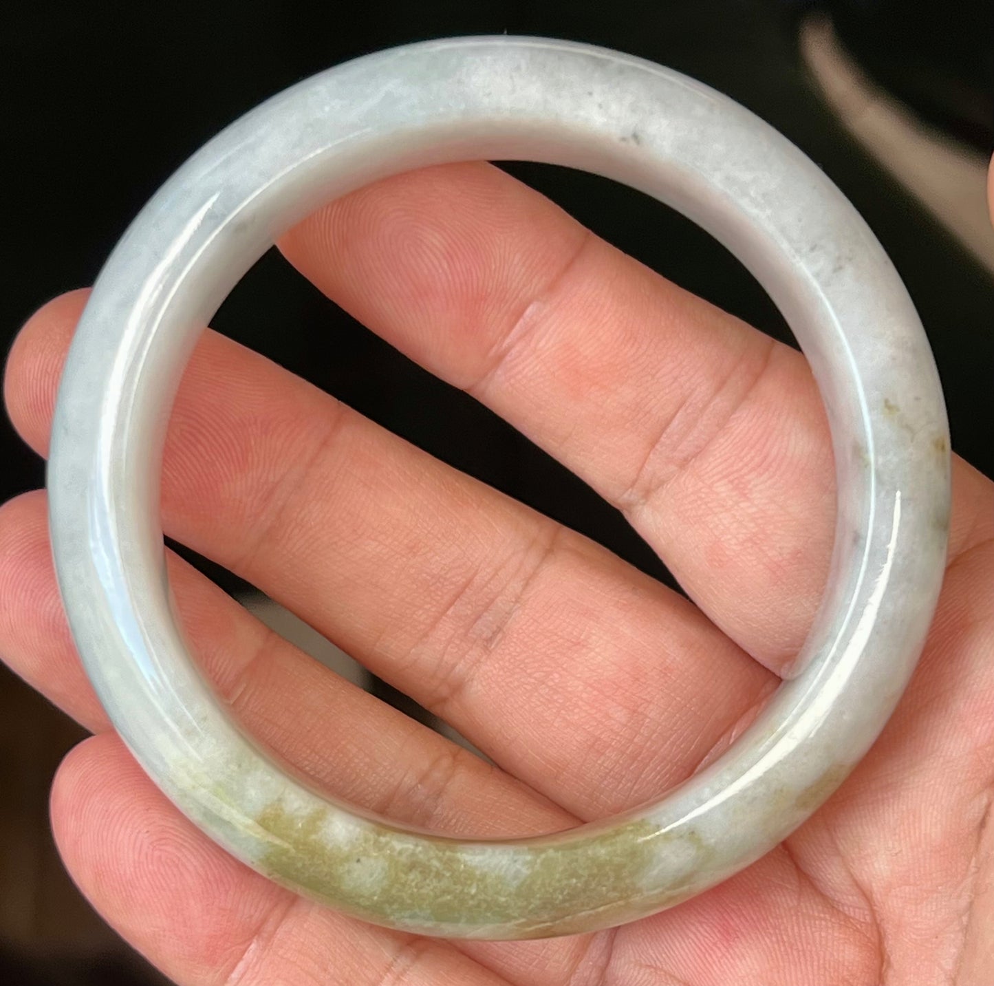 Natural Burmese Jadeite Jade Bangle – Icy Greyish Milky White with Moss Green and Honey Hues – 59mm – JB546