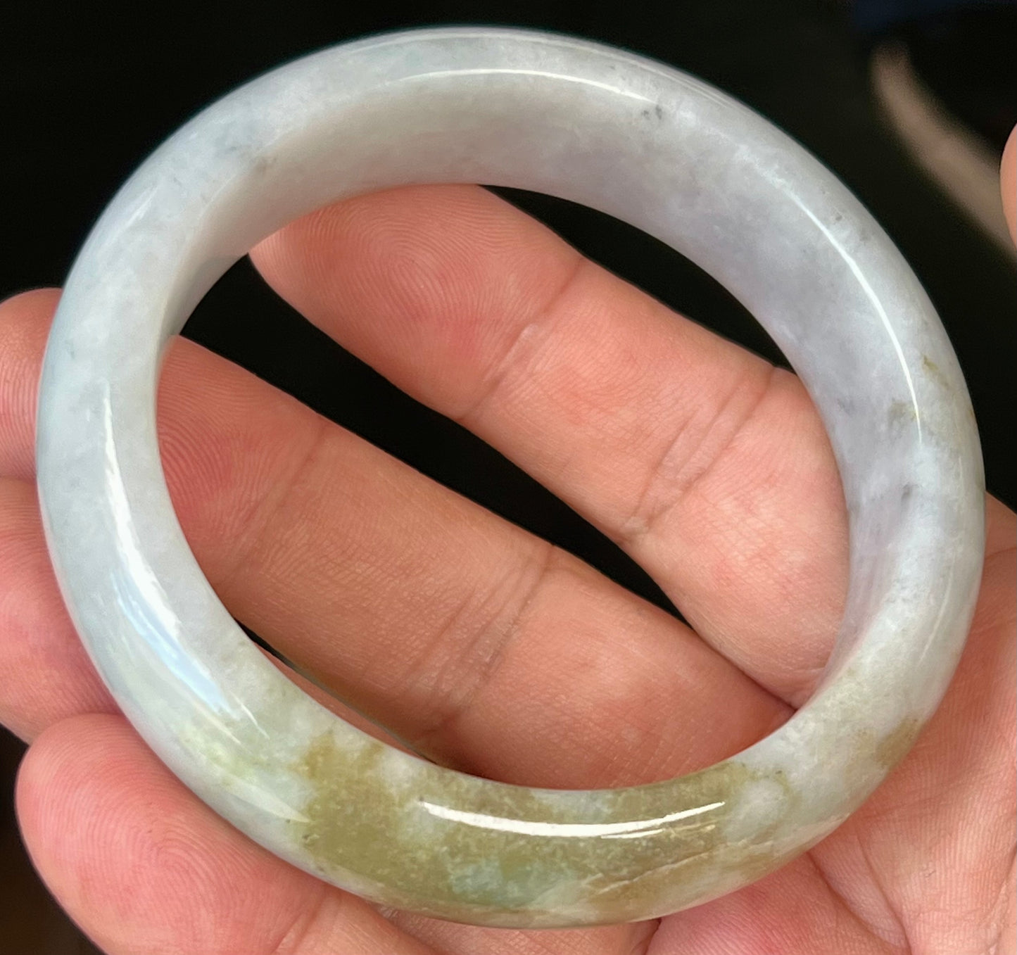 Natural Burmese Jadeite Jade Bangle – Icy Greyish Milky White with Moss Green and Honey Hues – 59mm – JB546