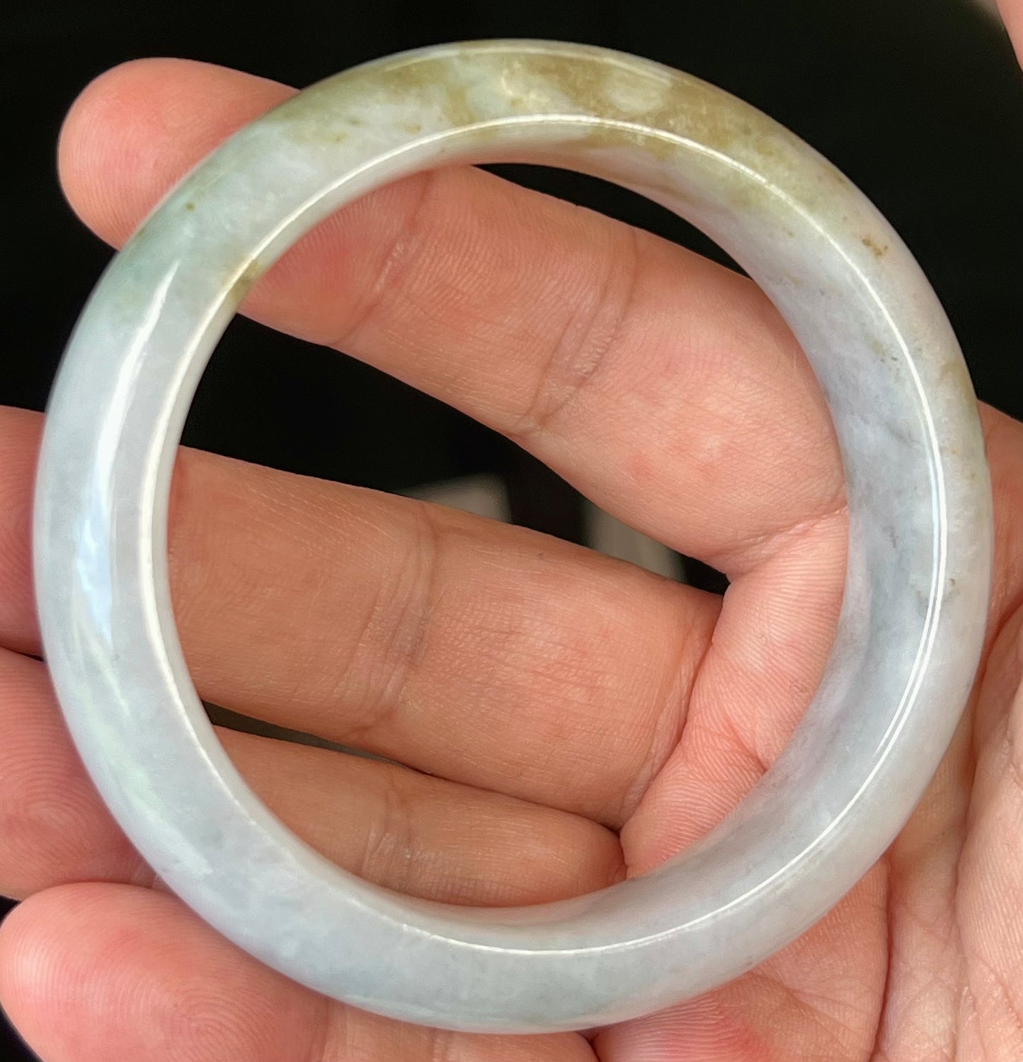Natural Burmese Jadeite Jade Bangle – Icy Greyish Milky White with Moss Green and Honey Hues – 59mm – JB546