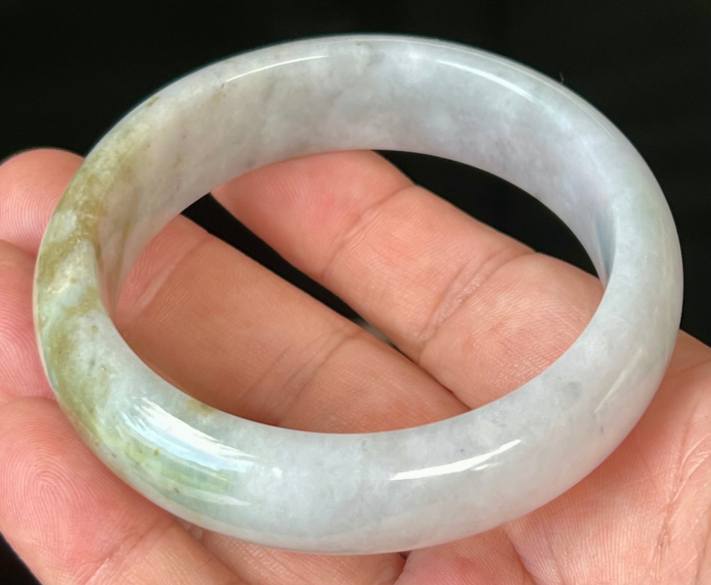 Natural Burmese Jadeite Jade Bangle – Icy Greyish Milky White with Moss Green and Honey Hues – 59mm – JB546