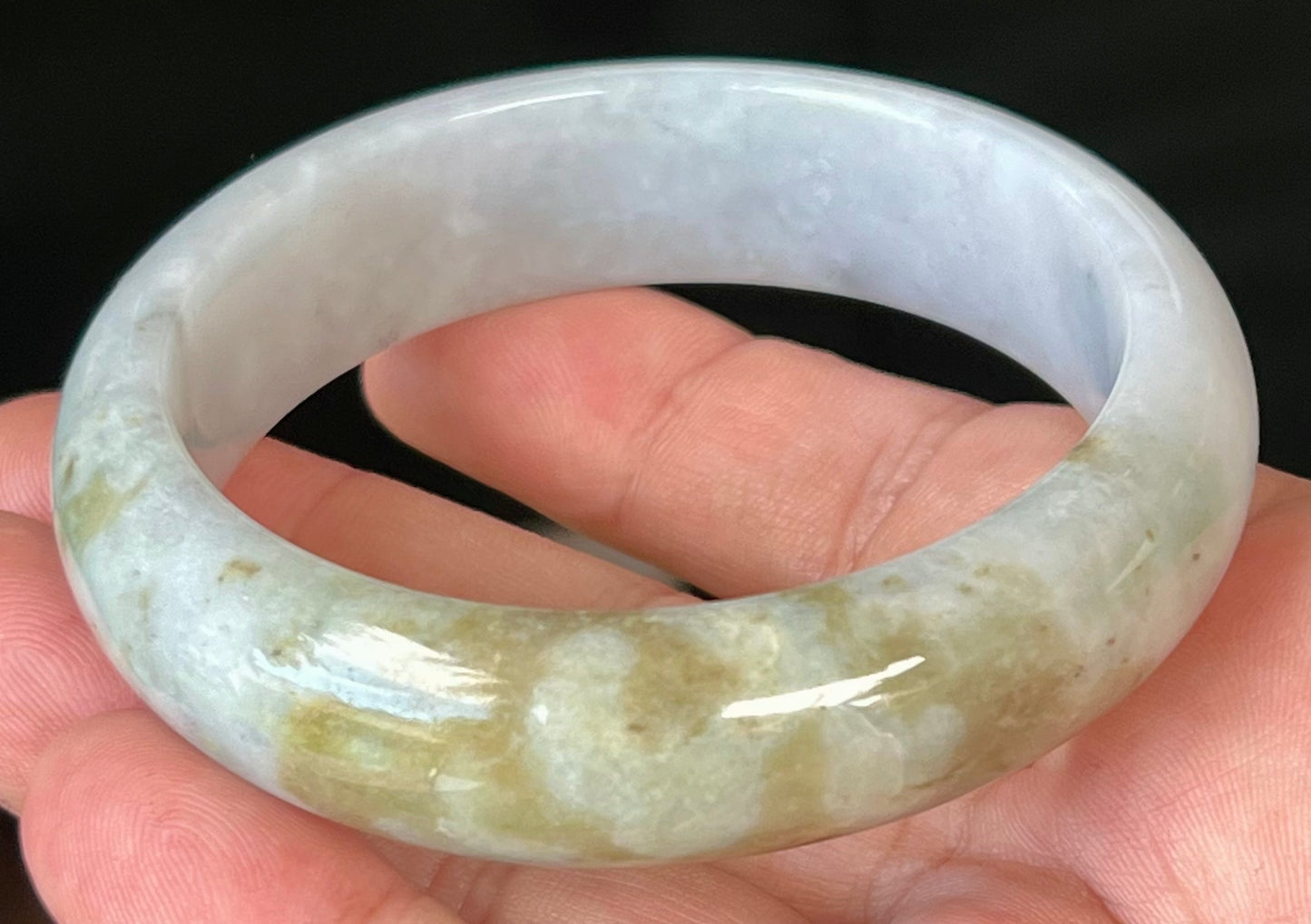 Natural Burmese Jadeite Jade Bangle – Icy Greyish Milky White with Moss Green and Honey Hues – 59mm – JB546