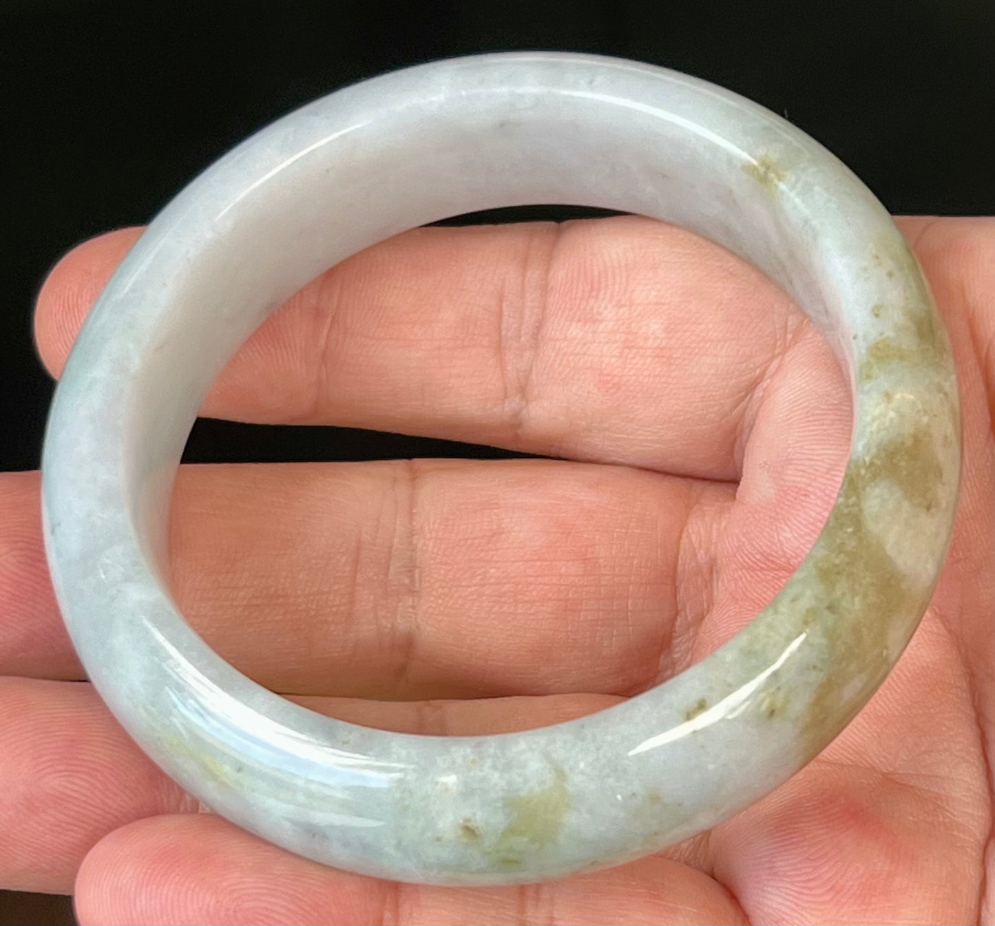Natural Burmese Jadeite Jade Bangle – Icy Greyish Milky White with Moss Green and Honey Hues – 59mm – JB546