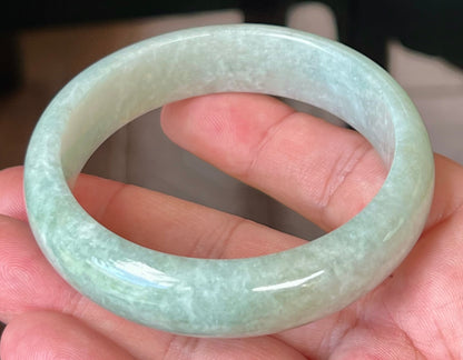 Natural Certified Burmese Jadeite Jade Bangle – Icy Apple Green and Milky White Hues – 58.3mm – JB548