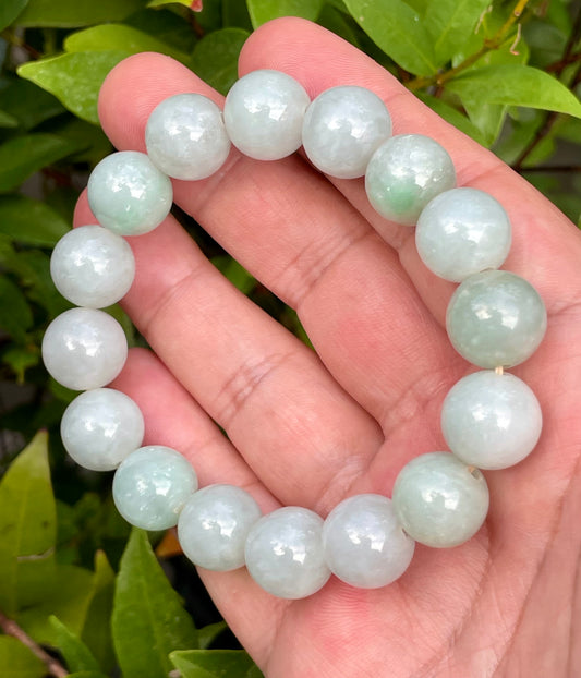 Natural Certified Burmese Jadeite Jade Beaded Bracelet – Icy Imperial Green & Milky White – 13.6mm – JBB176