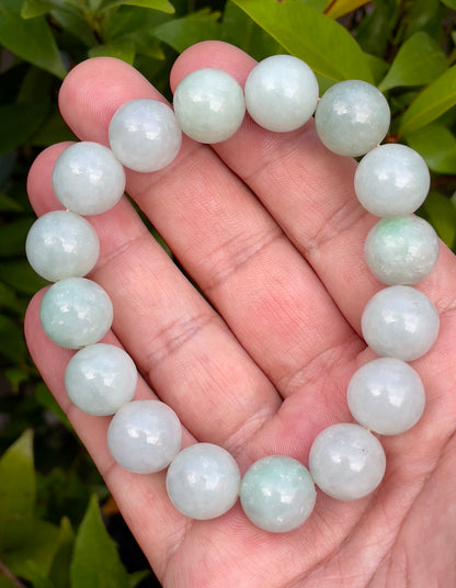 Natural Certified Burmese Jadeite Jade Beaded Bracelet – Icy Imperial Green & Milky White – 13.6mm – JBB176