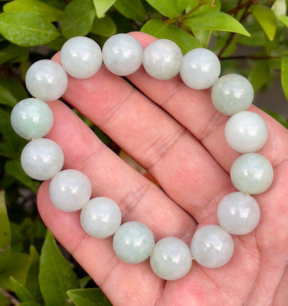 Natural Certified Burmese Jadeite Jade Beaded Bracelet – Icy Imperial Green & Milky White – 13.6mm – JBB176