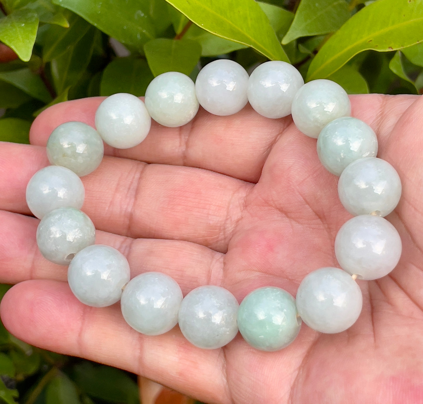 Natural Certified Burmese Jadeite Jade Beaded Bracelet – Icy Imperial Green & Milky White – 13.6mm – JBB176