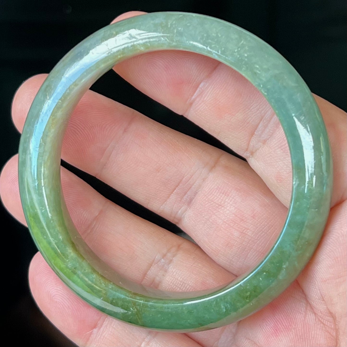 Natural Burmese Jadeite Jade Bangle – Icy Apple and Forest Green with Honey and Greyish Hues – 56mm – JB549