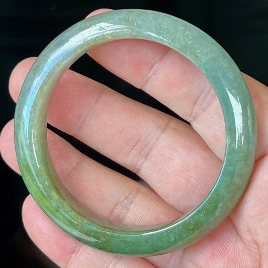 Natural Grade A Burmese Jadeite Jade Bangle – Icy Apple and Forest Green with Honey and Greyish Hues – 56mm – JB549