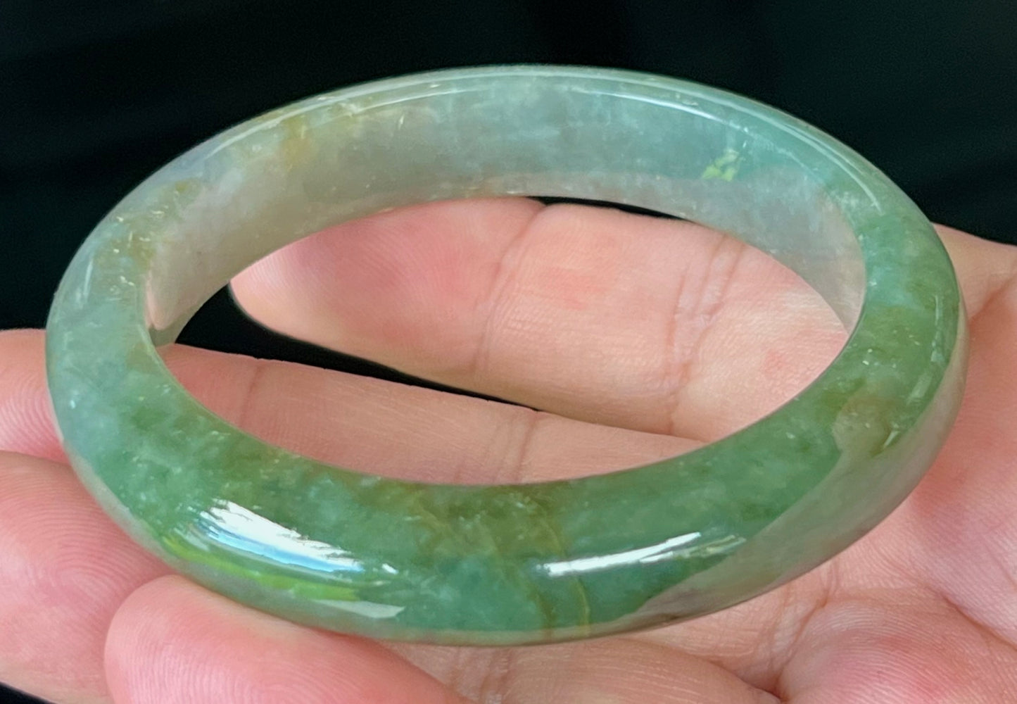 Natural Burmese Jadeite Jade Bangle – Icy Apple and Forest Green with Honey and Greyish Hues – 56mm – JB549
