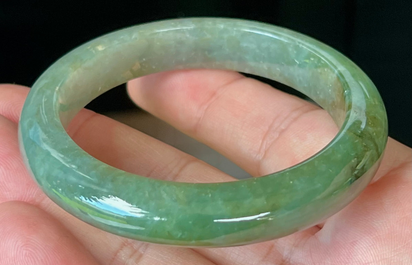 Natural Burmese Jadeite Jade Bangle – Icy Apple and Forest Green with Honey and Greyish Hues – 56mm – JB549