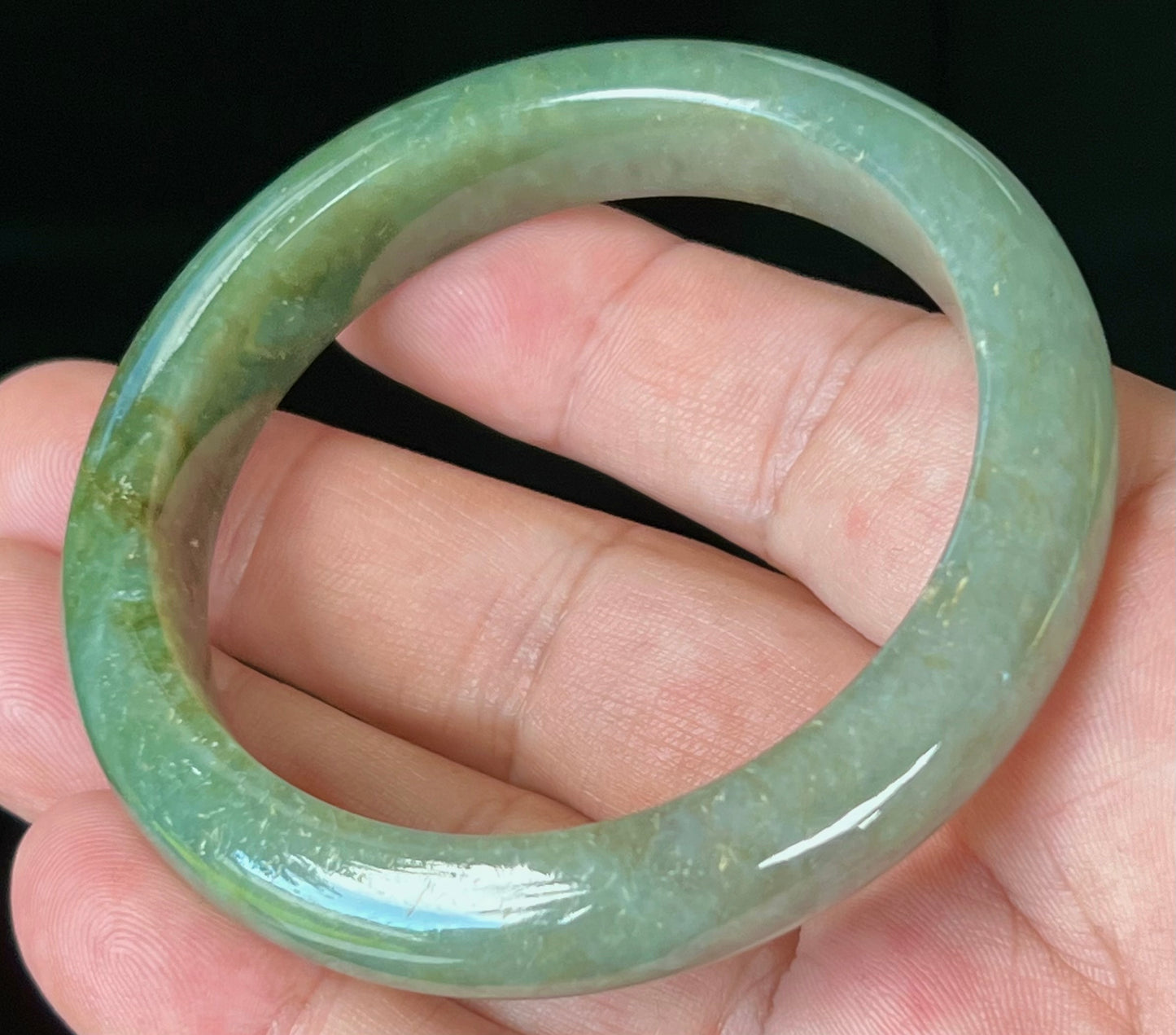 Natural Burmese Jadeite Jade Bangle – Icy Apple and Forest Green with Honey and Greyish Hues – 56mm – JB549