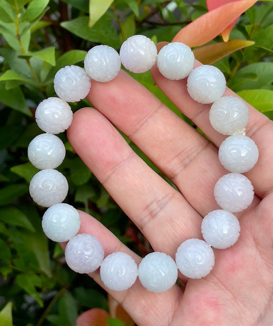 Natural Certified Burmese Jadeite Jade Beaded Bracelet – Icy Lavender, Milky White & Apple Green – Hand-Carved Round Beads – 13.4mm – JBB160