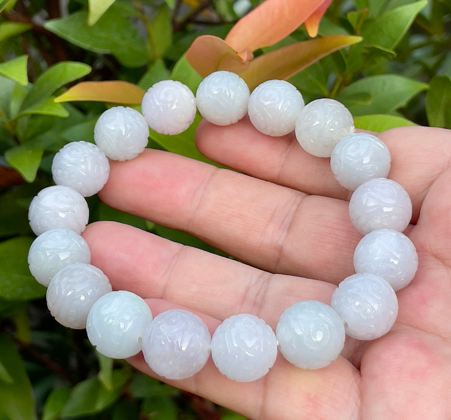Natural Certified Burmese Jadeite Jade Beaded Bracelet – Icy Lavender, Milky White & Apple Green – Hand-Carved Round Beads – 13.4mm – JBB160