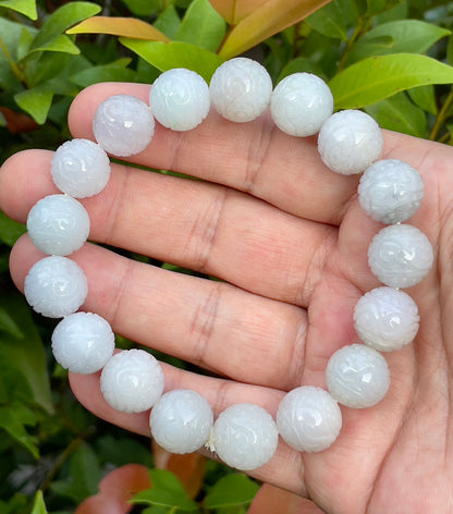 Natural Certified Burmese Jadeite Jade Beaded Bracelet – Icy Lavender, Milky White & Apple Green – Hand-Carved Round Beads – 13.4mm – JBB160