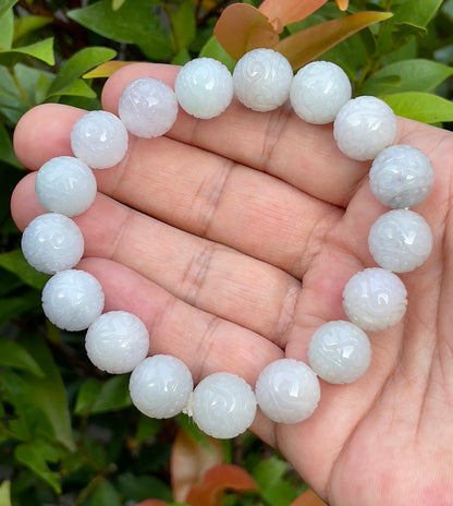 Natural Certified Burmese Jadeite Jade Beaded Bracelet – Icy Lavender, Milky White & Apple Green – Hand-Carved Round Beads – 13.4mm – JBB160
