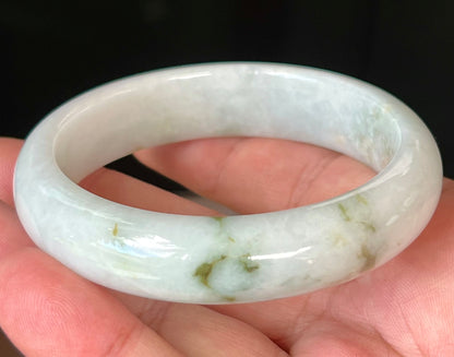 Natural Burmese Jadeite Jade Bangle – Icy Milky White with Moss and Apple Green Hues – 58.5mm – JB552