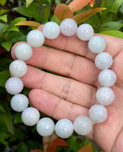 Natural Certified Burmese Jadeite Jade Beaded Bracelet – Icy Lavender, Milky White & Apple Green – Hand-Carved Round Beads – 13.4mm – JBB160