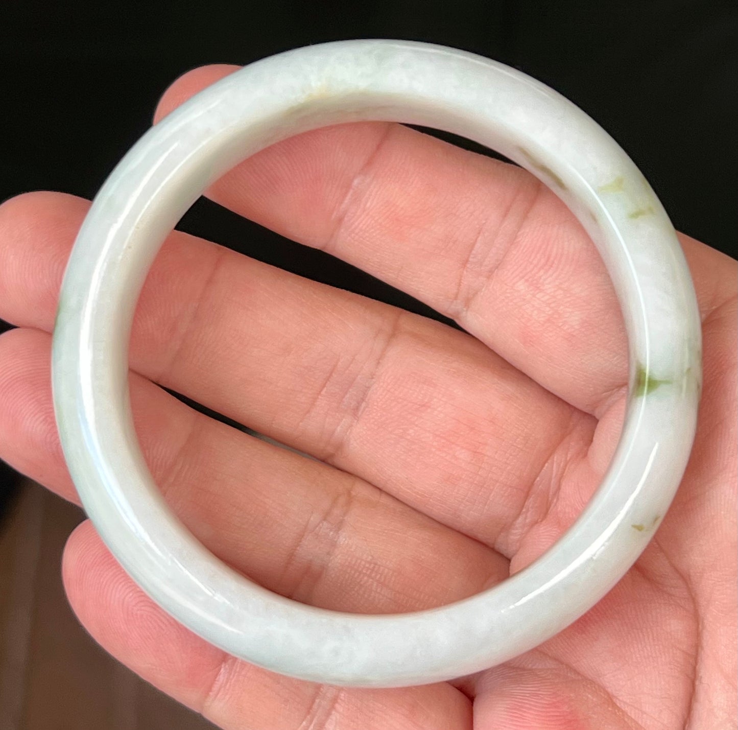 Natural Burmese Jadeite Jade Bangle – Icy Milky White with Moss and Apple Green Hues – 58.5mm – JB552