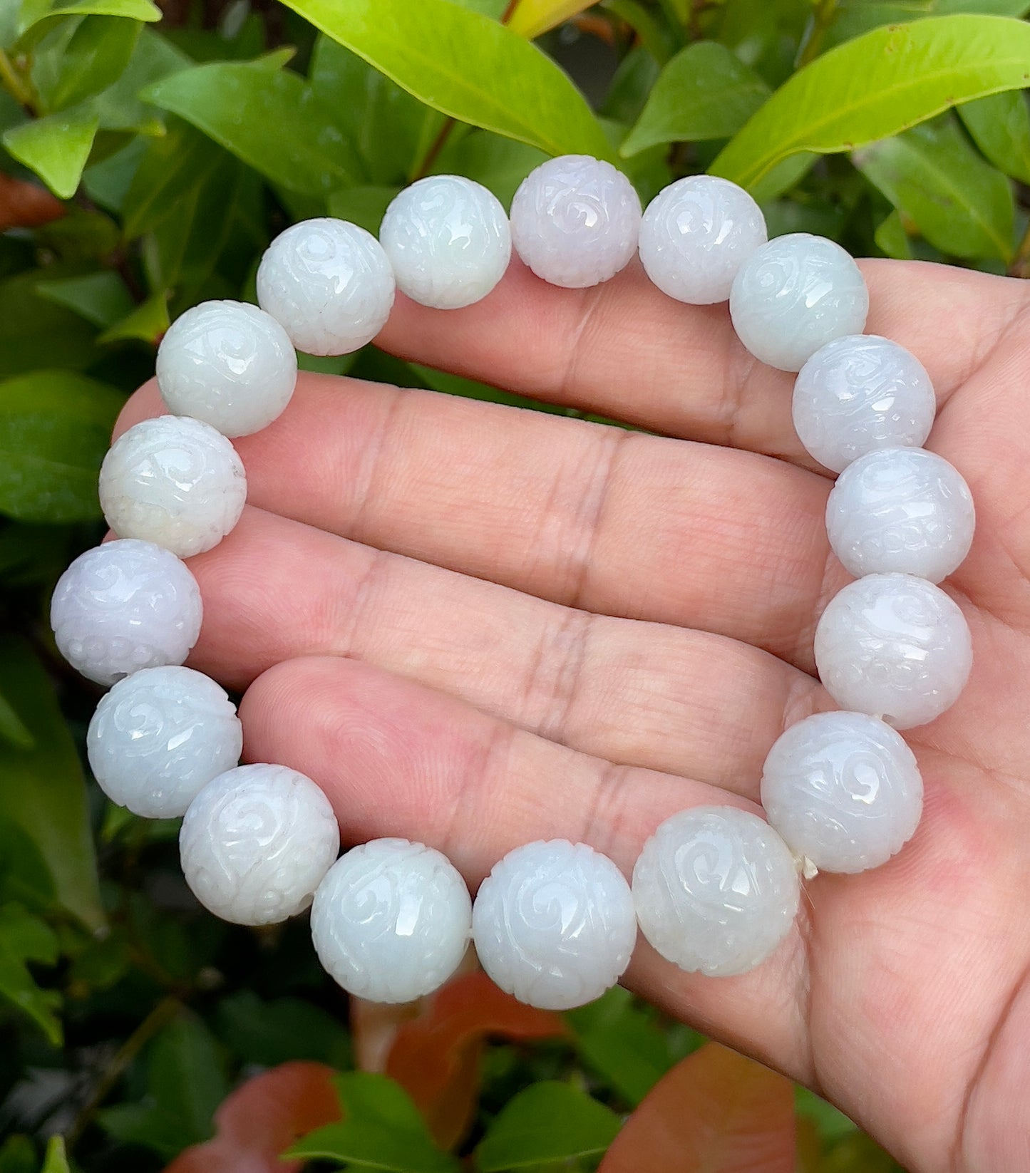 Natural Certified Burmese Jadeite Jade Beaded Bracelet – Icy Lavender, Milky White & Apple Green – Hand-Carved Round Beads – 13.4mm – JBB160