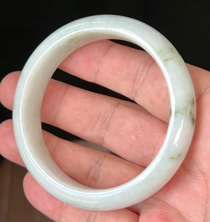 Natural Burmese Jadeite Jade Bangle – Icy Milky White with Moss and Apple Green Hues – 58.5mm – JB552
