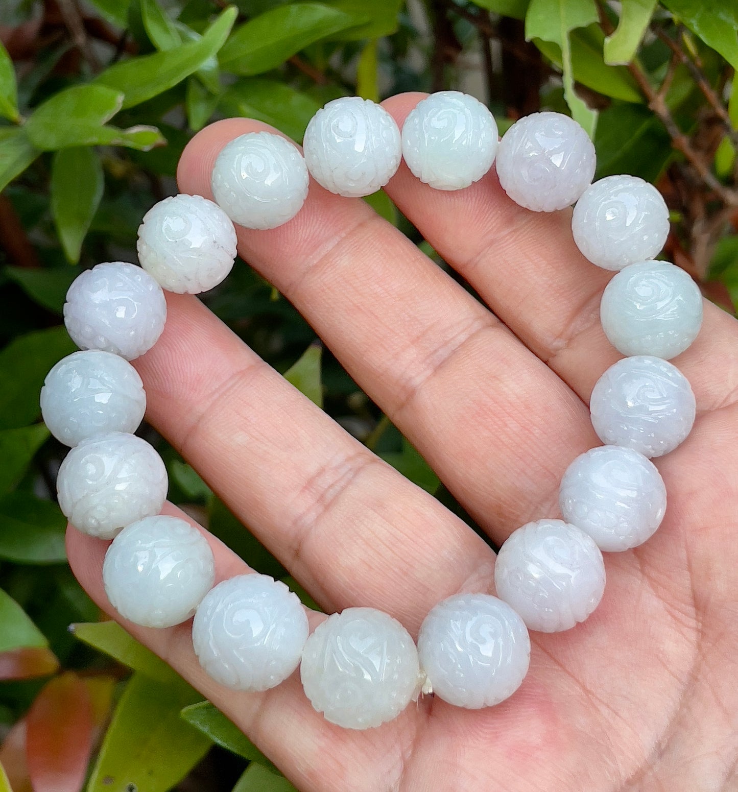 Natural Certified Burmese Jadeite Jade Beaded Bracelet – Icy Lavender, Milky White & Apple Green – Hand-Carved Round Beads – 13.4mm – JBB160