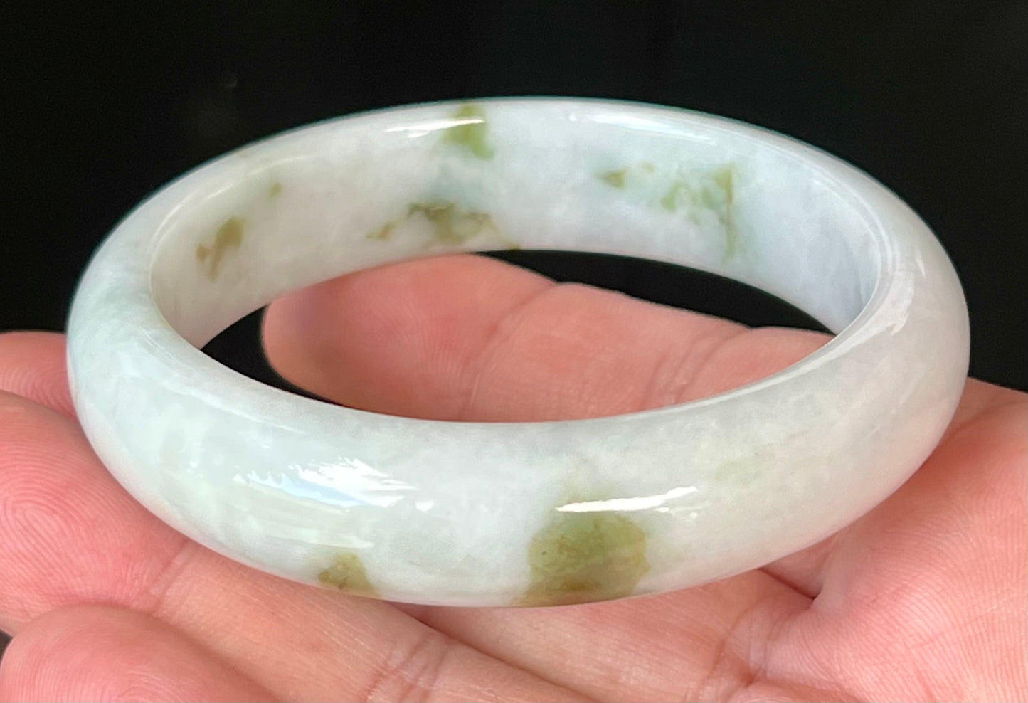 Natural Burmese Jadeite Jade Bangle – Icy Milky White with Moss and Apple Green Hues – 58.5mm – JB552