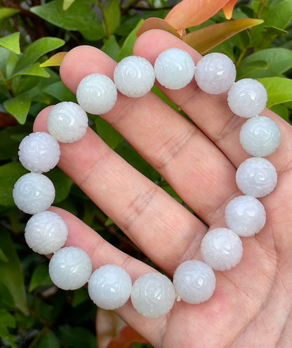 Natural Certified Burmese Jadeite Jade Beaded Bracelet – Icy Lavender, Milky White & Apple Green – Hand-Carved Round Beads – 13.4mm – JBB160