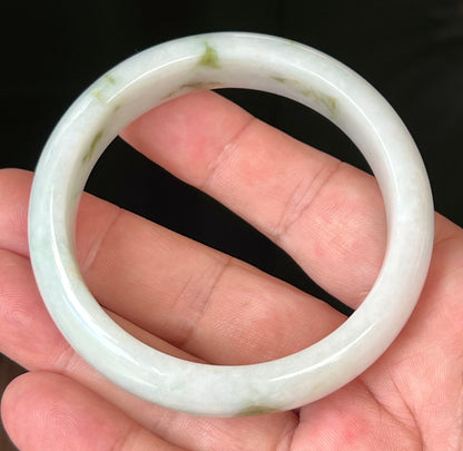 Natural Burmese Jadeite Jade Bangle – Icy Milky White with Moss and Apple Green Hues – 58.5mm – JB552