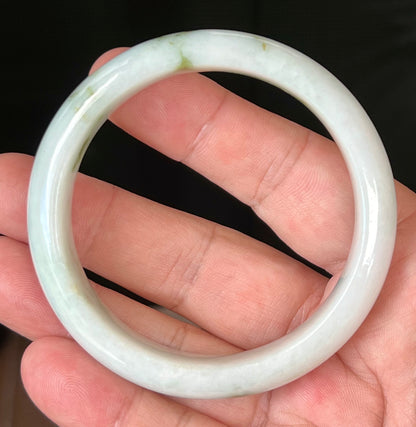 Natural Burmese Jadeite Jade Bangle – Icy Milky White with Moss and Apple Green Hues – 58.5mm – JB552