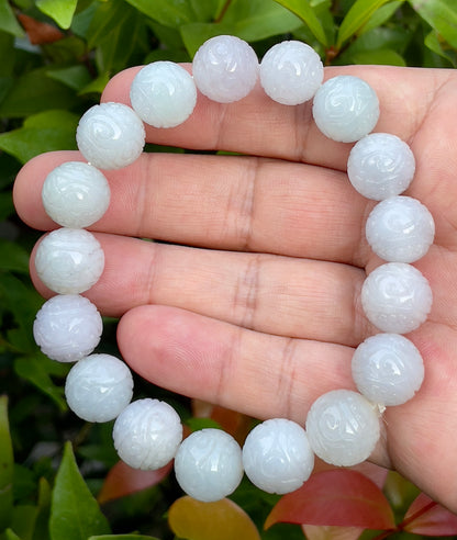 Natural Certified Burmese Jadeite Jade Beaded Bracelet – Icy Lavender, Milky White & Apple Green – Hand-Carved Round Beads – 13.4mm – JBB160