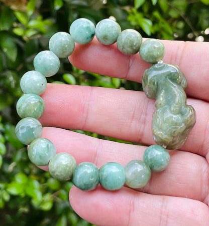 Natural Certified Burmese Jadeite Jade Beaded Bracelet – Mossy Green – Hand-Carved Pixiu Pendant – 10mm – JBB164