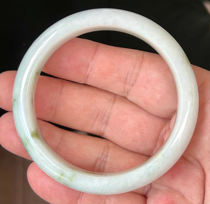Natural Burmese Jadeite Jade Bangle – Icy Milky White with Moss and Apple Green Hues – 58.5mm – JB552