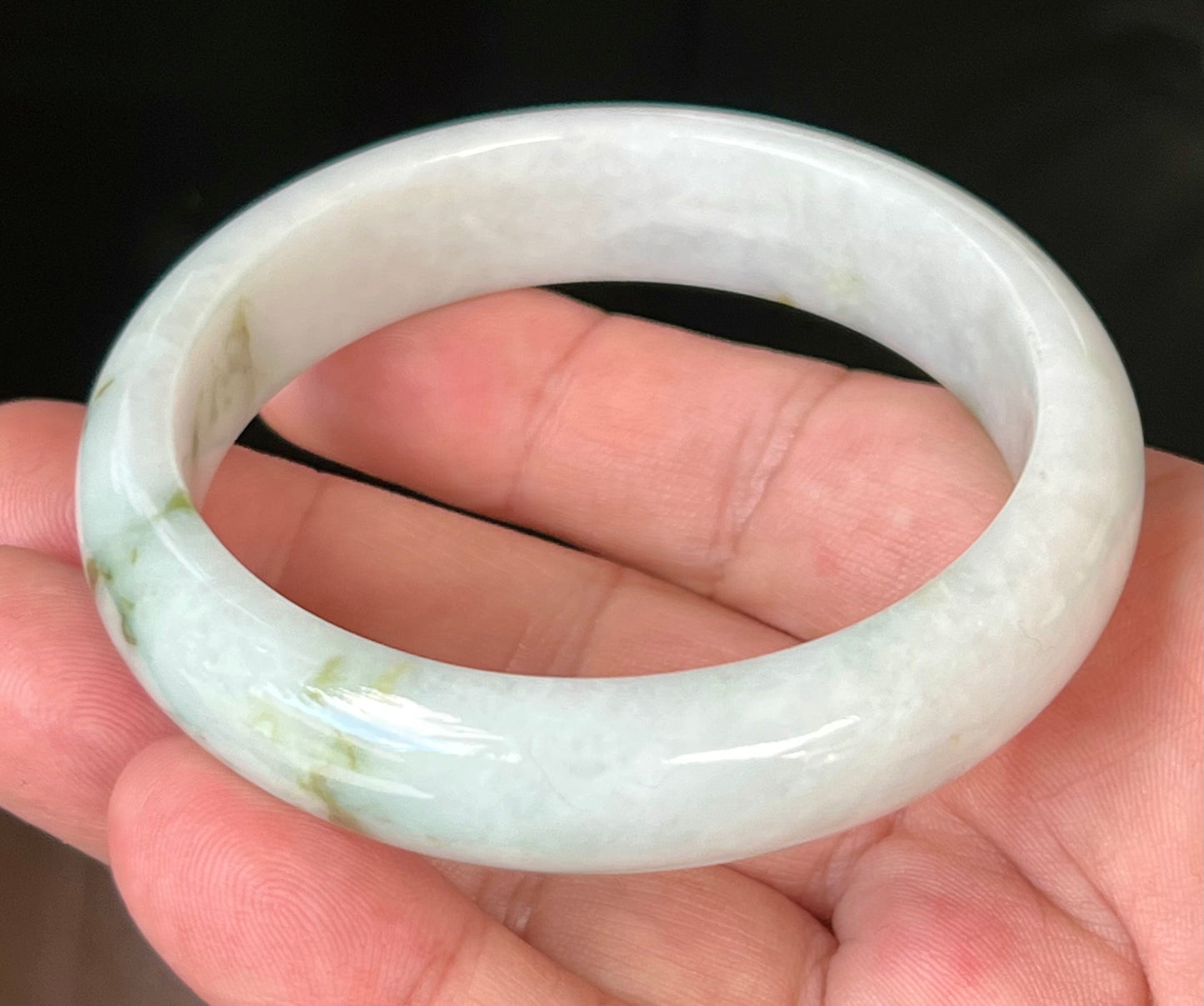 Natural Burmese Jadeite Jade Bangle – Icy Milky White with Moss and Apple Green Hues – 58.5mm – JB552