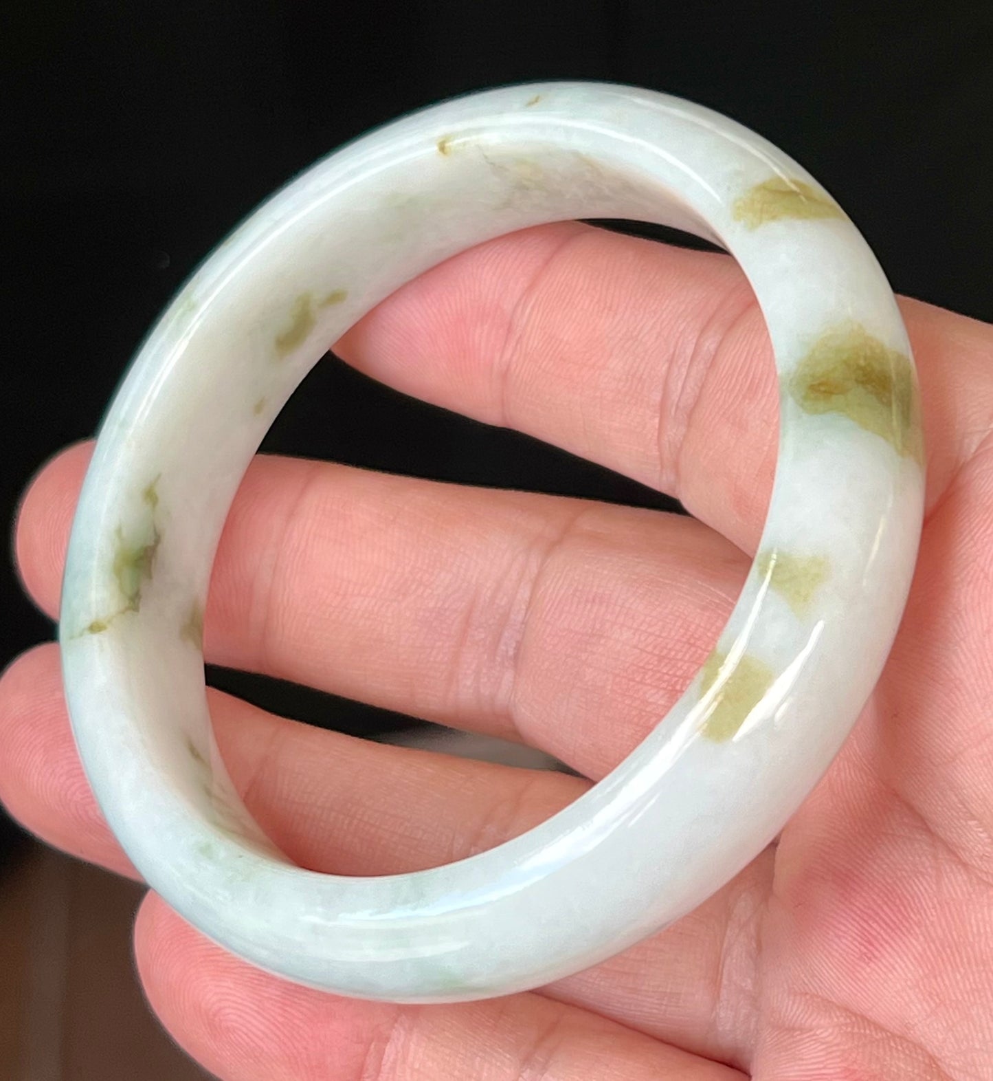 Natural Burmese Jadeite Jade Bangle – Icy Milky White with Moss and Apple Green Hues – 58.5mm – JB552