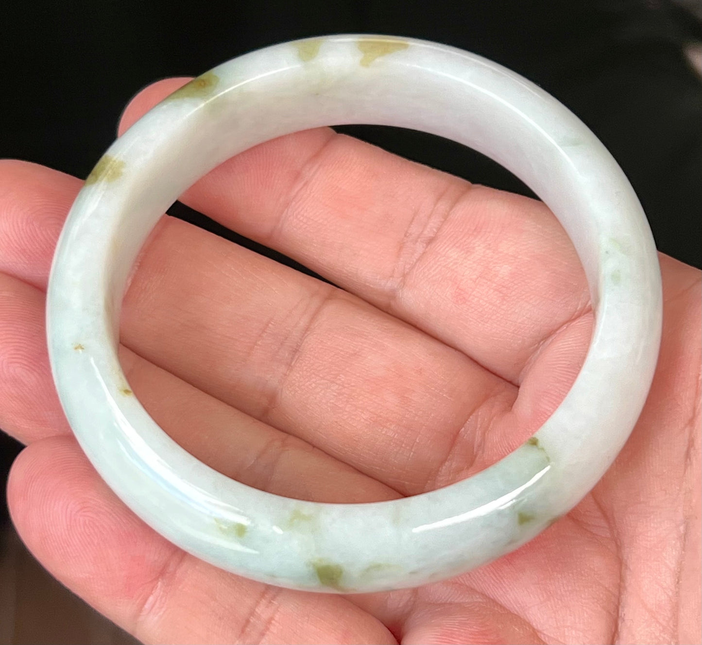 Natural Burmese Jadeite Jade Bangle – Icy Milky White with Moss and Apple Green Hues – 58.5mm – JB552