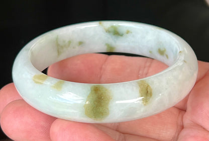 Natural Burmese Jadeite Jade Bangle – Icy Milky White with Moss and Apple Green Hues – 58.5mm – JB552