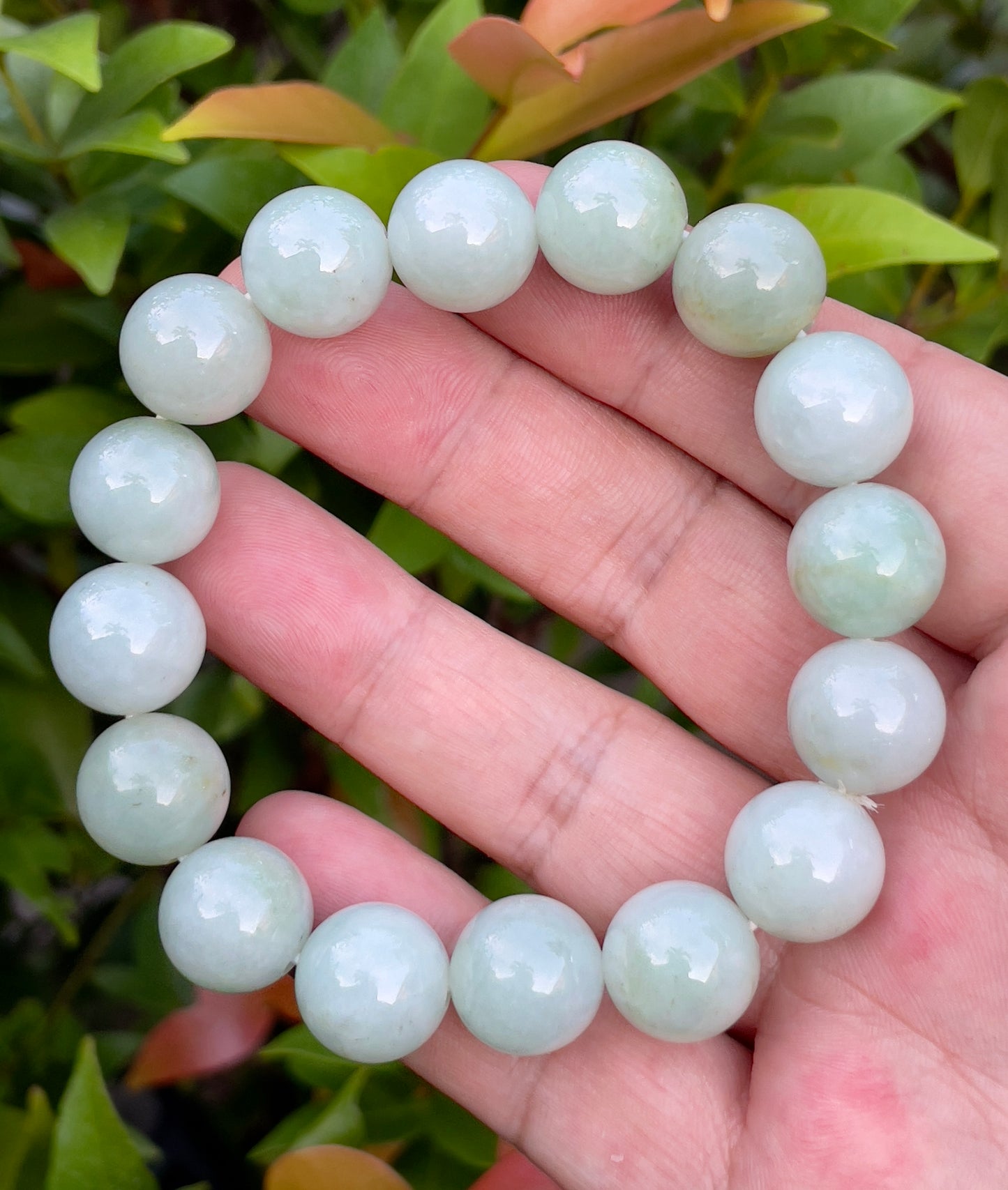 Natural Burmese Jadeite Jade Beaded Bracelet – Icy Bluish Milky White & Apple Green – 13.8mm – JBB155