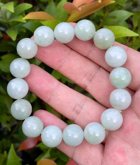 Natural Burmese Jadeite Jade Beaded Bracelet – Icy Bluish Milky White & Apple Green – 13.8mm – JBB155
