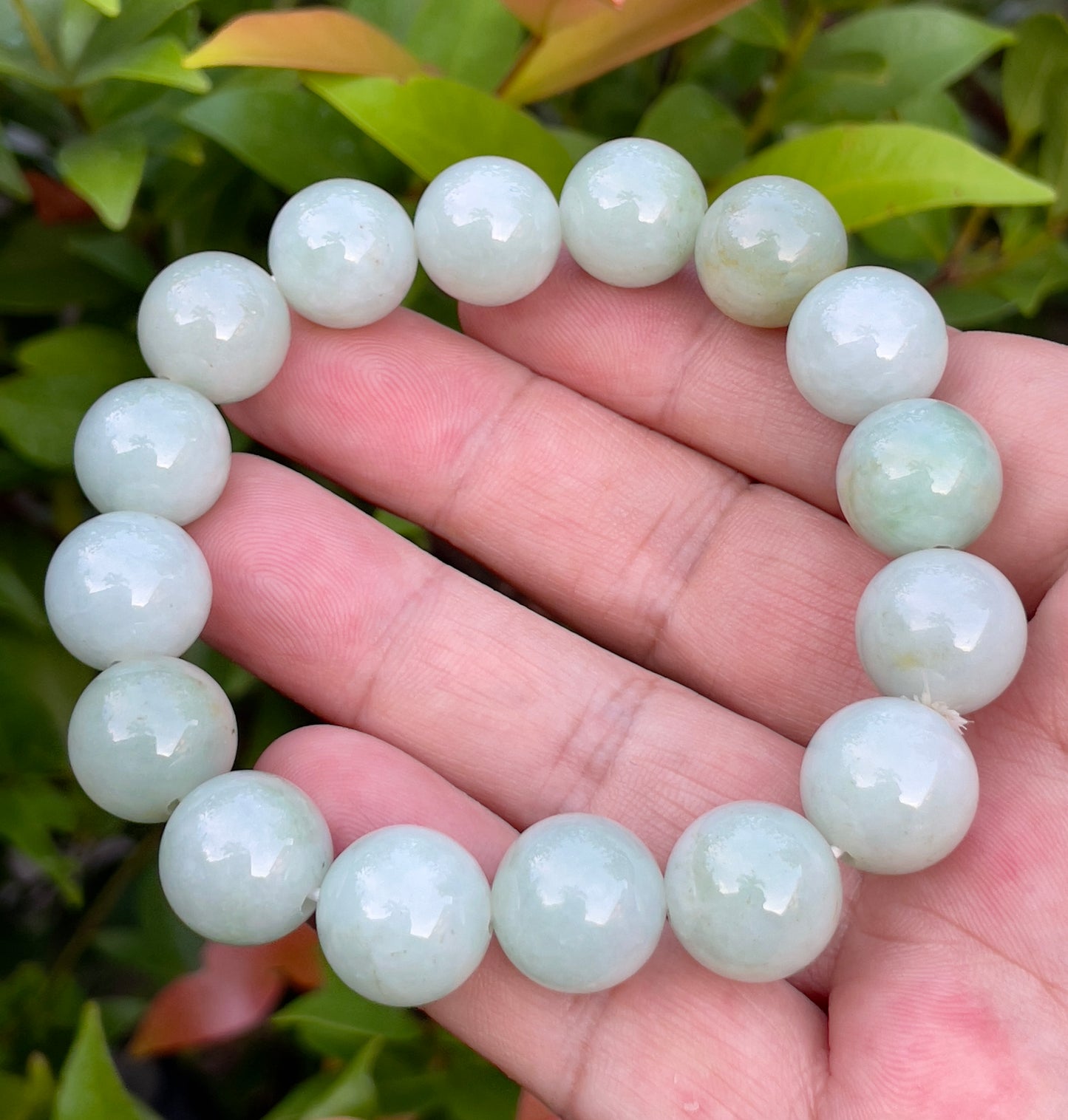 Natural Burmese Jadeite Jade Beaded Bracelet – Icy Bluish Milky White & Apple Green – 13.8mm – JBB155
