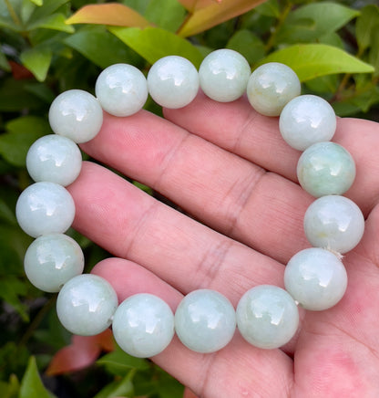 Natural Burmese Jadeite Jade Beaded Bracelet – Icy Bluish Milky White & Apple Green – 13.8mm – JBB155