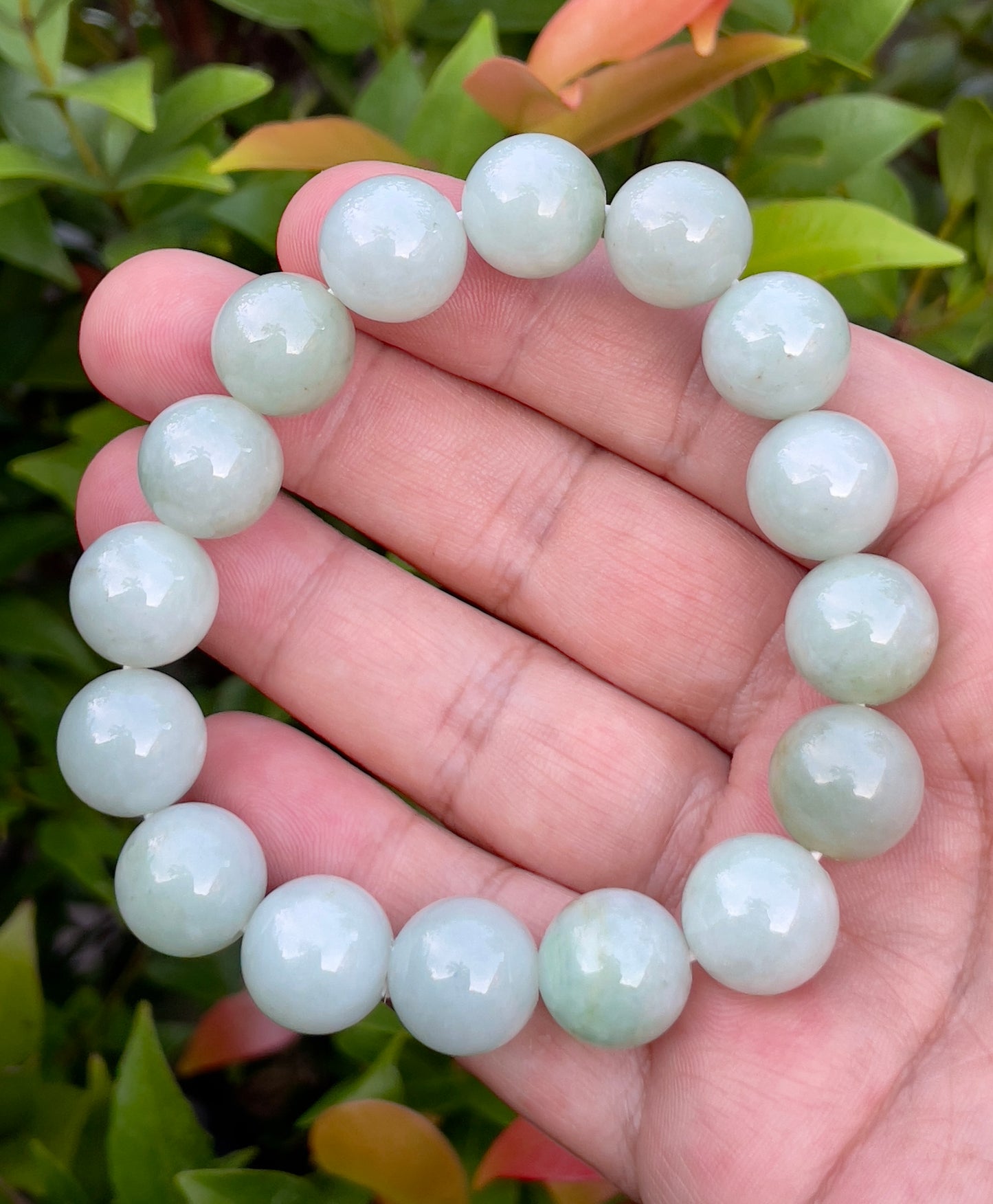 Natural Burmese Jadeite Jade Beaded Bracelet – Icy Bluish Milky White & Apple Green – 13.8mm – JBB155