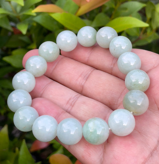 Natural Burmese Jadeite Jade Beaded Bracelet – Icy Bluish Milky White & Apple Green – 13.8mm – JBB155