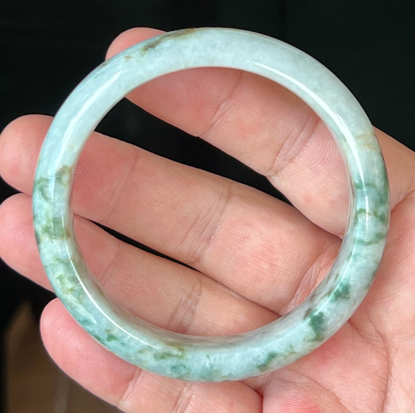 Natural Burmese Jadeite Jade Bangle – Icy Blush Apple Green with Milky White and Honey – 58.5mm – JB553