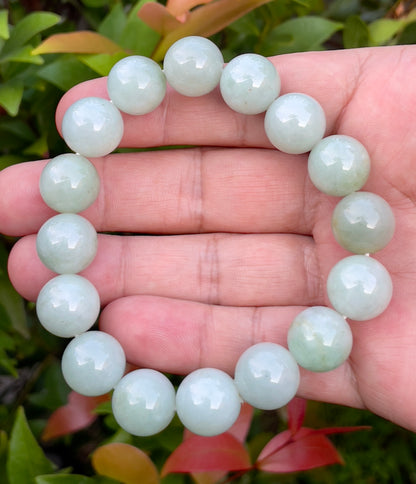 Natural Burmese Jadeite Jade Beaded Bracelet – Icy Bluish Milky White & Apple Green – 13.8mm – JBB155