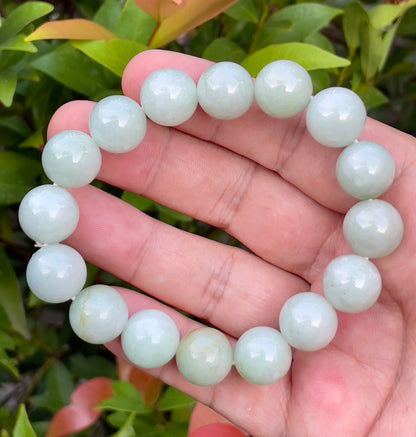 Natural Burmese Jadeite Jade Beaded Bracelet – Icy Bluish Milky White & Apple Green – 13.8mm – JBB155