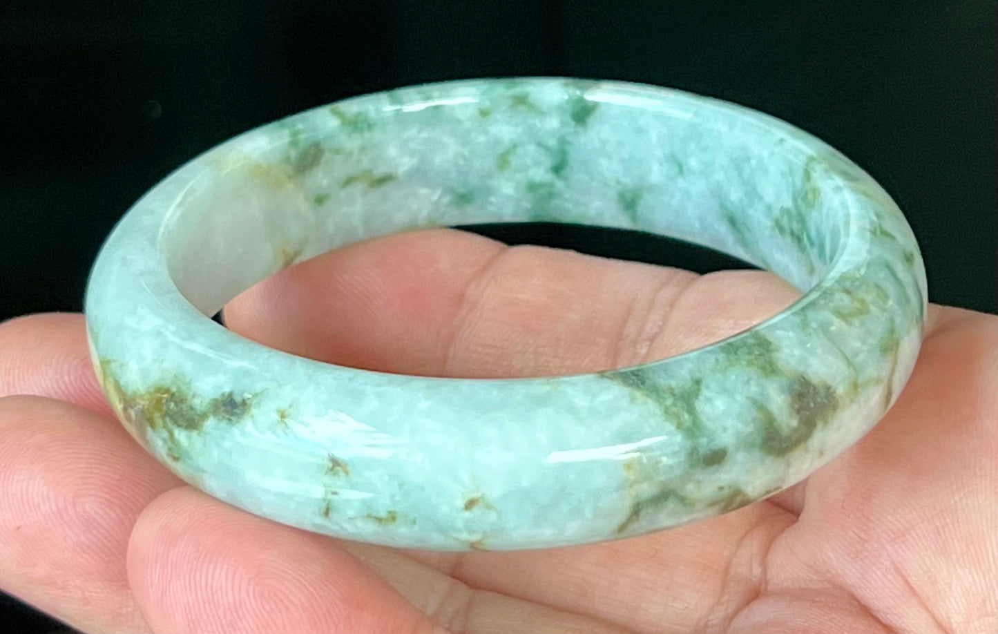 Natural Burmese Jadeite Jade Bangle – Icy Blush Apple Green with Milky White and Honey – 58.5mm – JB553