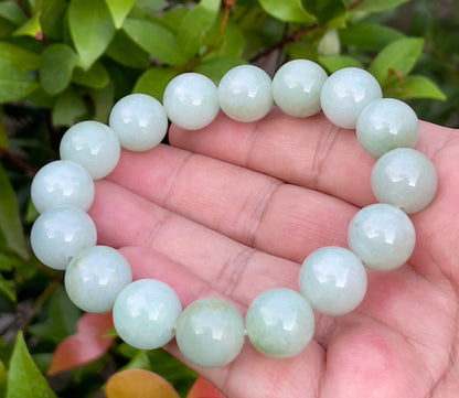 Natural Burmese Jadeite Jade Beaded Bracelet – Icy Bluish Milky White & Apple Green – 13.8mm – JBB155