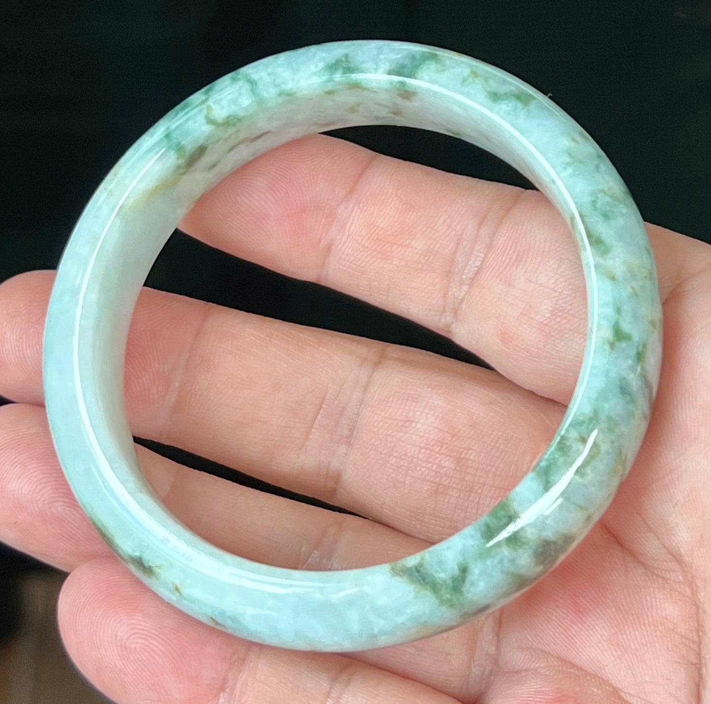 Natural Burmese Jadeite Jade Bangle – Icy Blush Apple Green with Milky White and Honey – 58.5mm – JB553
